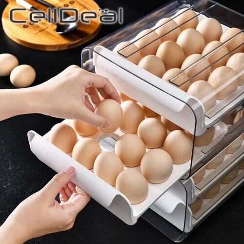 Household Egg Storage Box Drawer-Type Refrigerator Storage Box Transparent Plastic Dumpling Box Double Layer 32 grid Egg Tray