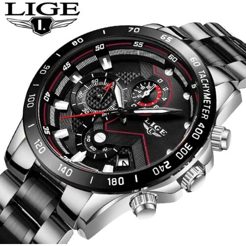 LIGE New Men Watch Business Waterproof Date Watches Fashion Multifunction Stainless Steel Black Quartz Watch relojes para hombre