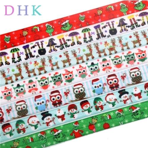 DHK 5/8'' 5yards owl halloween deer printed Fold Elastic FOE stretch ribbon hairbow headwear headband DIY OEM E1610