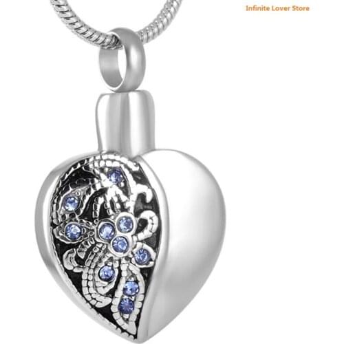 IJD8318 Heart Design Crystal Heart Keepsake Necklace-Stainless Steel Funeral Jewelry for Human Pet Ashes Holder
