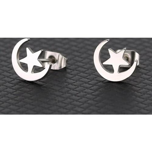 Jisensp Korean Style Smooth Moon Star Stud Earrings Simple Fashion Crescent Stainless Steel Earrings for Women Girls Best Gift