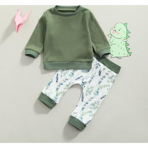 Spring Autumn Newborn Baby Girls Clothes Sets Solid Color Long Sleeve Pullover Tops+Leaves Printed Pants Kids Clothing