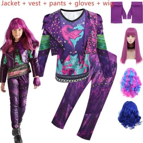 Purple Audrey Costumes Set Girl Halloween Costumes Kids Party Evie Descendants 3 Mal Cosplay Costumes Tees Jacket Wig Pants 5pcs