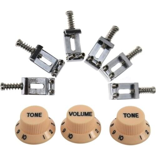 Cream Dark Blue Font 1 Volume & 2 Tone Guitar Control Knobs for Fender Strat & 6x Chrome Tremolo Bridge Saddles