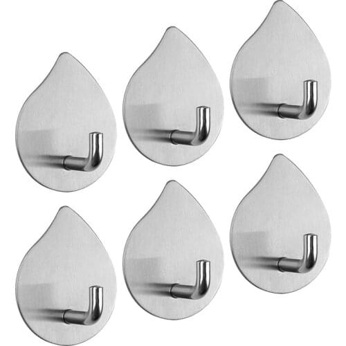 Adhesive Hooks Wall Hooks Bathroom Waterproof Stainless Steel Towels Hooks,For Coat Hat Robe,Waterdrop(Silver,6 Packs)