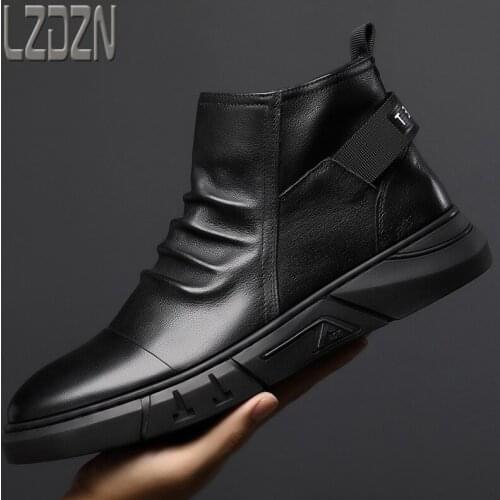 Martin Motorcycle Shoelace Free Real Leather Shoes Overalls Boots Midland Chelsea English Style Mens Shoes Leather Cover Foot