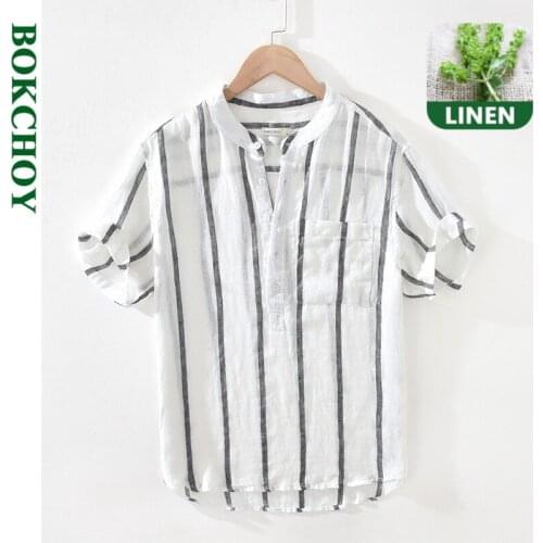 Men Striped Shirt Linen Cotton Shirt Breathable Short Sleeve