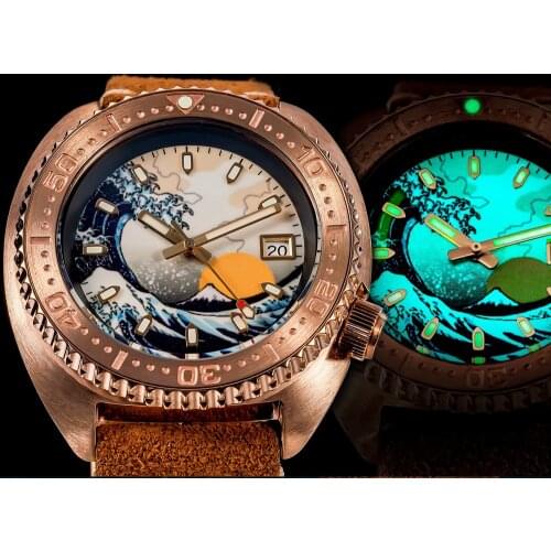 Sapphire Mens Bronze Turtle Diving Watch Kanagawa Dial Retro CUSN8 Bronze Case NH35 Automatic Movement Mens Wristwatch 200M