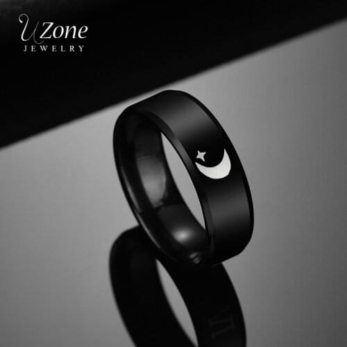 UZone 8mm Black Color Moon Star Logo Ring Muhammad Muslim Islamic Arabic Wedding Bands Ring Religious Jewelry For Men Women