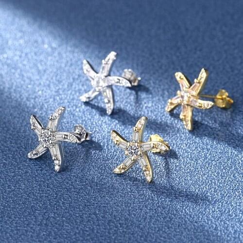 New Fashion Starfish Stud Earrings Exquisite Zircon Star Stud Earrings Elegant Girls Summer Beach Leisure Party Jewelry