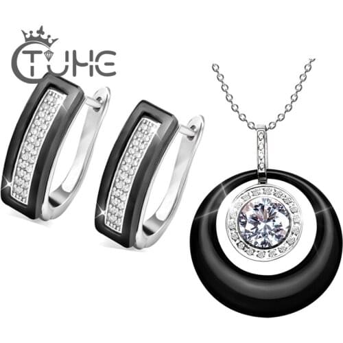New U Shape Crystal Stud Earring For Women Fashion Jewelry Set Black White Real Natural Ceramic Earring Necklace Engagement Gift