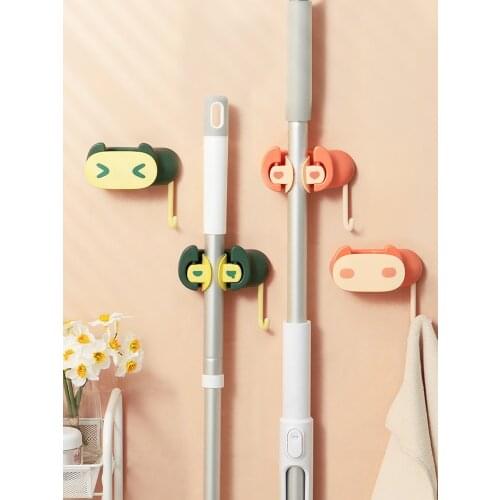 Super Cute Multi-functional Bathroom Mop Rack Broom Card Holder Reception Hook Perforated Mop Clip Bathroom Wall Rack Wall Hooks