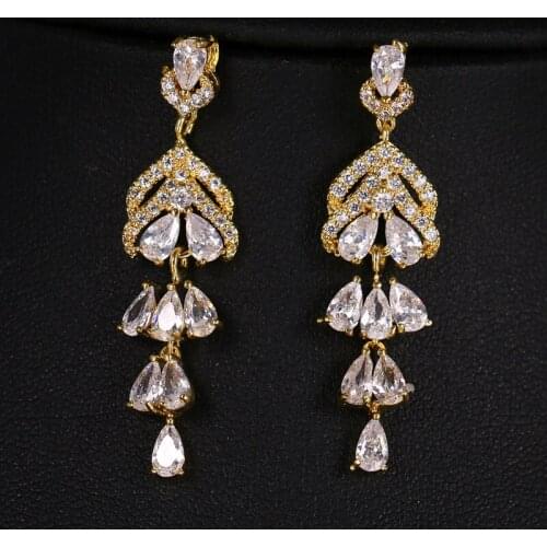 ORZTOON Luxury Flower Zircon Long Earrings For Women Girl Vintage Gold Cubic Zirconia Dangle Earrings Elegant Female Jewelry New
