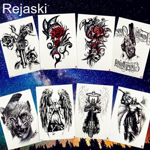 REJASKI Watercolor Robotic Arm Gun Rose Temporary Tattoo Sticker Flower Leopard Wing Knight Black Tatos Body Art Fake Tatoo Men