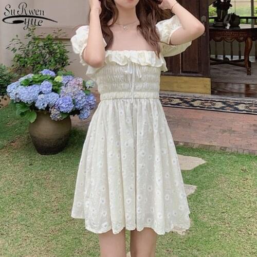 Sexy Ruffles Women Puffed Sleeves Dress Square Neck Bow Slim Floral Dresses New 2021 Summer Girls Princess Pleated Dresses 13677