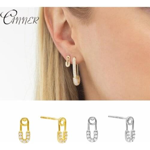 CANNER Sparking Bling Unique Paperclip Safety Pin Stud Earring Full Micro Pave CZ Earrings for Women 925 Sterling Silver Earring