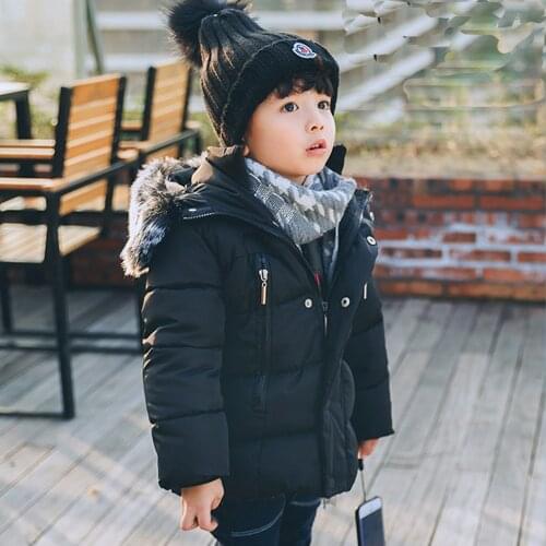 Padded cotton-padded jacket for boys and girls, middle length cotton padded jacket , pure color wool collared cotton-padded jack
