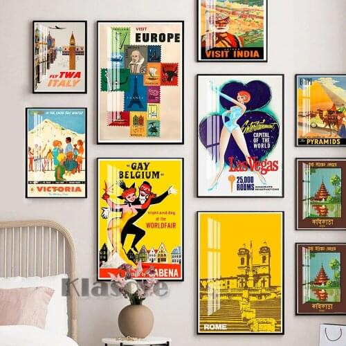 Vintage Travel Prints Poster Chicago Baku Rome India Egypt Belgium Las Vegas Australia Europe Wall Art Decor Birthday Gift Idea
