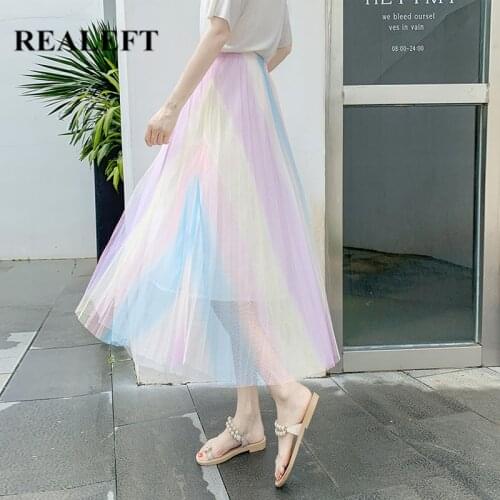 REALEFT 2020 New Arrival Women Rainbow Mesh Printed Long Skirts High Waist Elastic Mid-calf Pleated Elegant Skirt for Ladies