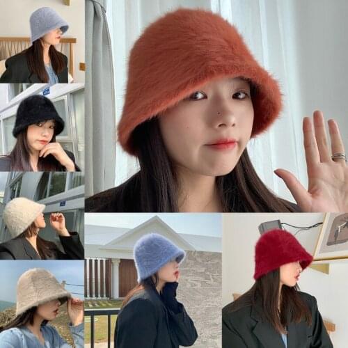 Women Winter Fluffy Furry Dome Bucket Hat Solid Color Thicken Warm Harajuku Hip Hop Bell-Shaped Foldable Fisherman Cap