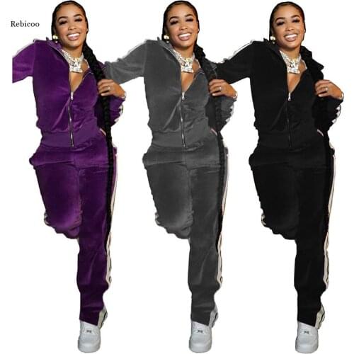 Womens White Striped Spliced Velvet Tracksuit Sport Suit Turn Down Collar Long Sleeve Jacket and Straight Pant Two Piece Outfit