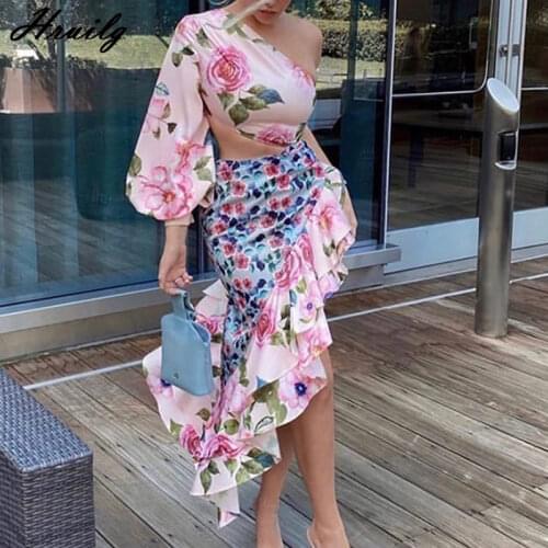 Women Set 2 Pieces Strapless Tops One Shoulder Long Sleeve&long Skirts Flower Print Two Piece Skirt Set Sexy Party Womens Set