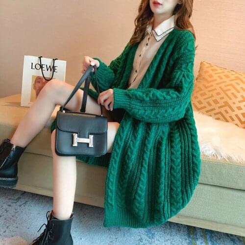 Women 2021 Winter Fashion Long Loose Knitted Overcoats Female V-neck Cardigan Coats Ladies Thicken Warm Sweater Jackets T355