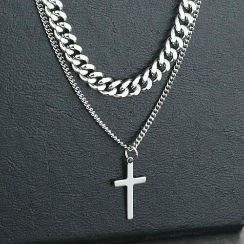 Heart Cross Pendant Necklace Stainless Steel Engraved Silver Color Double Layer Necklace Women Lady Choker