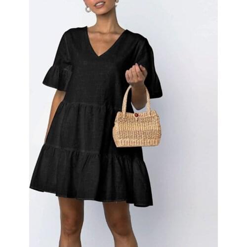 2021 Women Dress Summer Loose Beach Sundress Solid Color V Neck Ruffle Short Sleeve Dresses For Women Vestidos De Mujer Casual