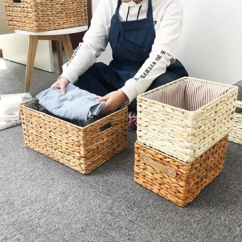 Woven Storage Basket Corn Husk Weaving Baskets with Handles Laundry Wicker Organizer for Clothes Toys Desktop Storage Bag