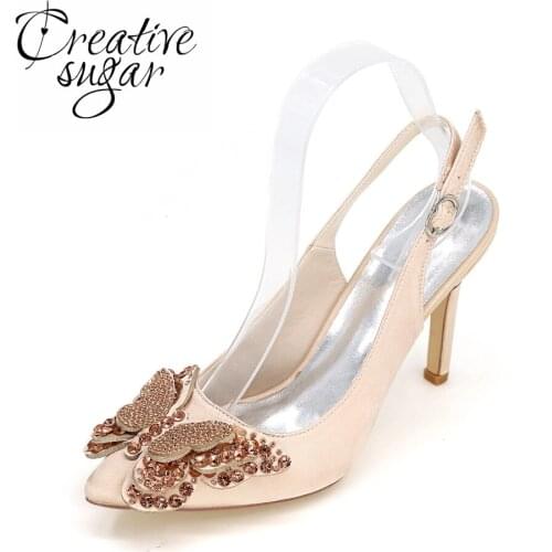 Creativesugar Pointed toe slingback satin dress shoes with rhinestone butterfly charm for bridal wedding party prom 7 colors