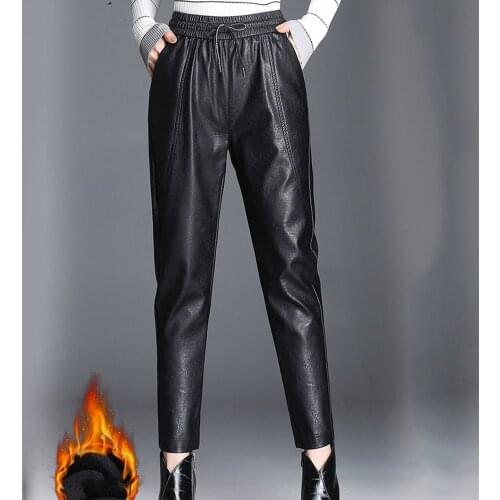 Plus Velvet Thickening Pants Black Streetwear Pantalones Women PU Leather Pants Fashion Drawstring Trousers Elastic Waist Pants
