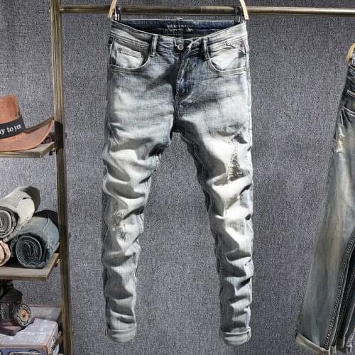 European Street Fashion Men Jeans Retro Distressed Elastic Slim Ripped Jeans Men Vintage Patchwork Designer Casual Denim Pants