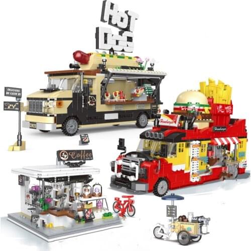 City Steet View Hot Dog Coffee Shop Car Building Blocks Burger Store Model Figures Bricks Toys for Children Birthday Gifts