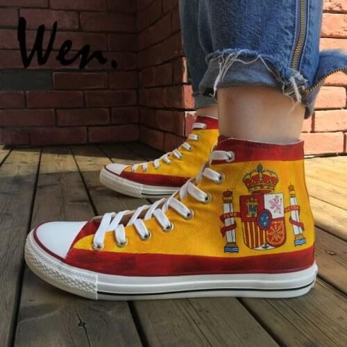 Wen Hand Painted Canvas Shoes Design Custom Spain Flag Men Womens High Top Canvas Sneakers Platform Plimsolls Gym Trainers