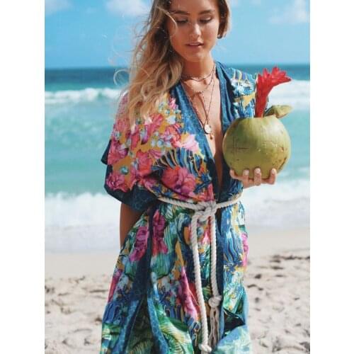 Aquaria Fish Pattern Kimono Hemp Rope Belt Untamed Beach Cover Ups Boho Cardigan Womens Contrast Color Bathing Suit Fancy Print