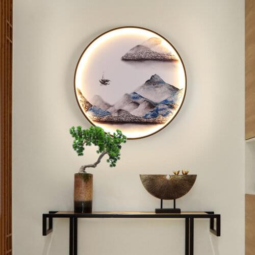 Chinese Zen Style Round LED Fesco Wall Lamp Aluminum Mural Lamp Atmosphere Landscape Painting Living room Background Light