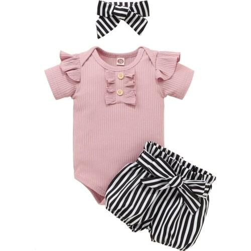 Newest Baby Girls Three-piece Clothes Set Round Collar Short Sleeve Romper Shorts and Headdress Blue/ Black for 0-24M