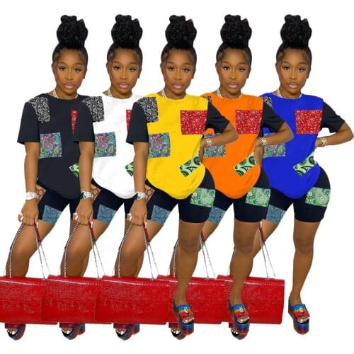 Paisley Women 2 Piece Set Loose Casual Basic Tee Skinny Biker Shorts Fitness Summer White Tshirt Black Shorts Matching Tracksuit