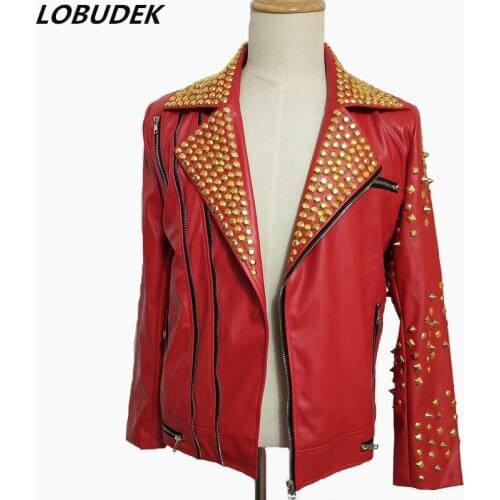 Hand Sewing Rivet Punk Motorcycle Leather Jacket Red Black Artificial Leather Coat Rock Singer Dancer Stage Clothes Bar Costume