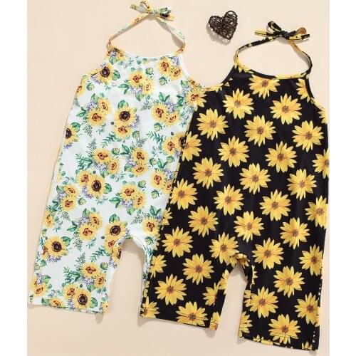 2-7Y Toddler Baby Girl Summer Romper Floral Printing Hanging Neck Lace Up Backless Sleeveless Clothing