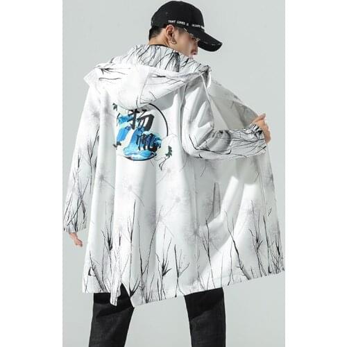 2021 New Men Hooded Jacket Long Oversized Trench Man Chinese Style Long Trench Male Spring Autumn Printed Coat Fashion 5XL