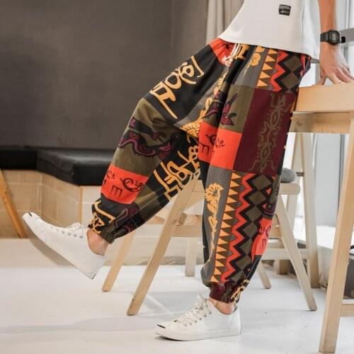 New Mens Cotton Linen Ankle-length Pants Loose Plus Size Print Pants Chinese Style Summer Wear