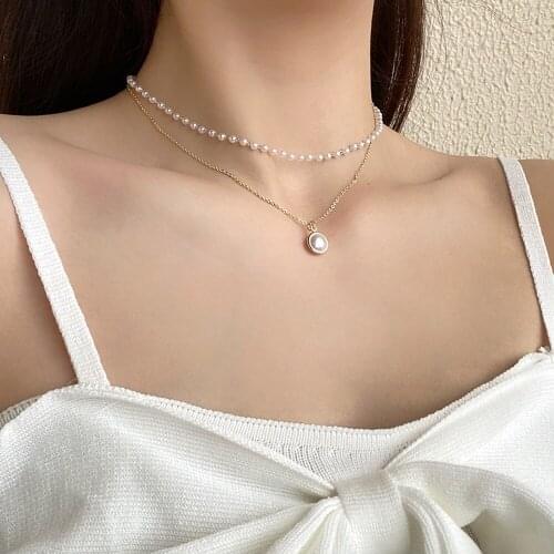 Fashion Pearl Choker Necklace Double Layer Chain Pendant Necklace Set for Women Girls Clavicle Chain Charming Jewelry