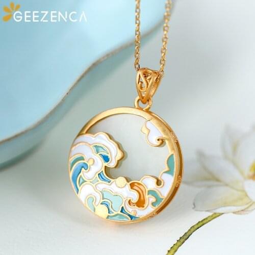 S925 Silver Gold Plated Round White Jade Cloisonne Pendant Necklace For Women Enamel Auspicious Cloud Necklaces Fine Jewel Gift