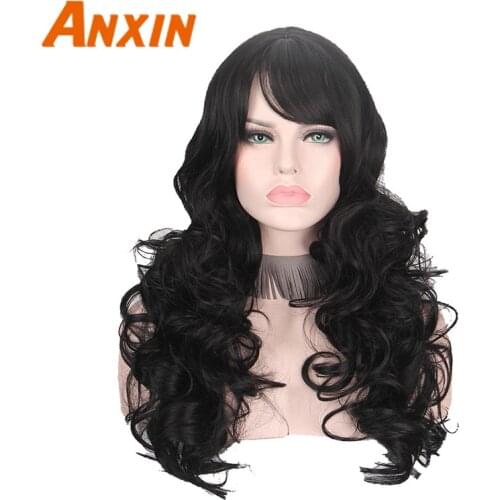 Long Black Curly Wigs for Women with Bangs Synthetic Wig Hair Cosplay Wigs Natural Color Black Hairs Synthetic Fibre Factory