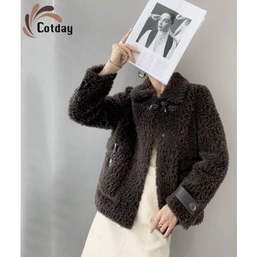 Cotday Wool Short Women Brown Single Button Outerwear Winter Warm 2021 New Casual Good Quality Female Double-faced Fur Coat