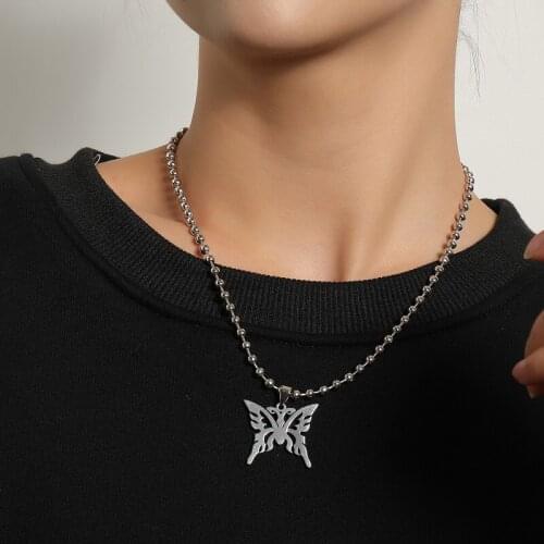 Punk Hiphop Beaded Chain Hollow Butterfly Pendant Necklace Women Trending Harajuku Geometric Colar Jewelry Sweater Necklace