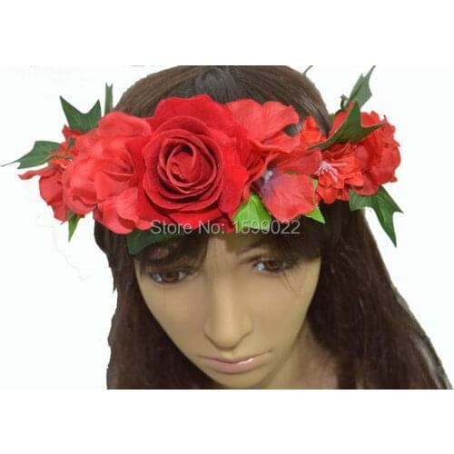 Vintage Red Floral Rose Crown Women Wedding Hydrangea Flower Hair Accessories Head Adornment Music Festival Christmas Headdress