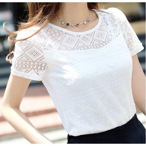 Women Short Sleeve Blouse Hollow Out Lace Crochet Chiffon Shirts Casual Slim Blusas Tops